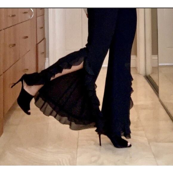Vintage 90s / Y2K Ruffle Hem Flare Black Pants Latin Ballroom // Size 8 Medium - Picture 5 of 5